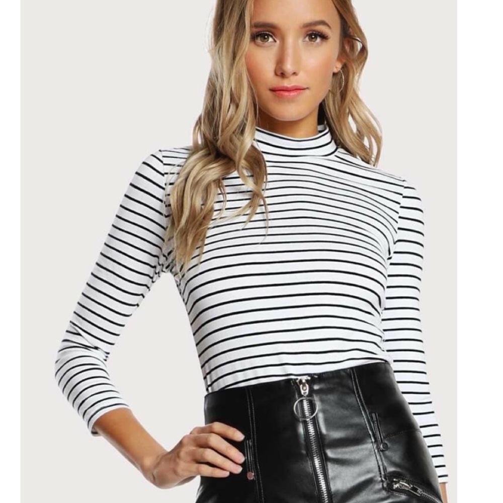 Striped High-Neck Long Sleeve Top
